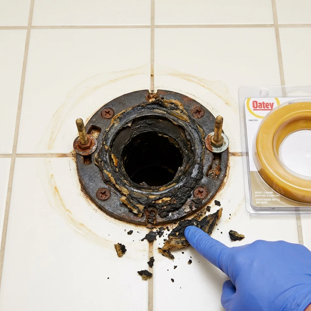 Failed wax ring showing water seepage at the base of a toilet in a Lemont, IL home
