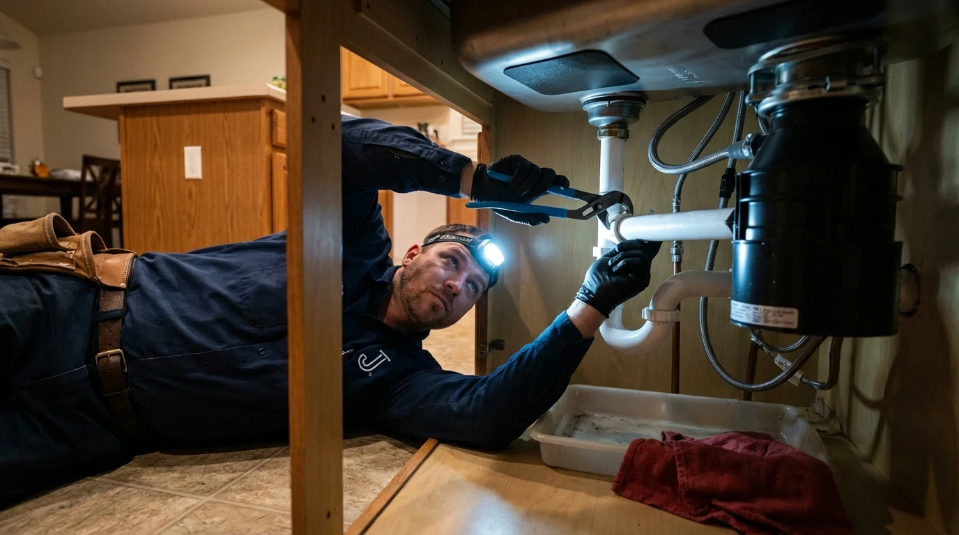 P-trap and supply line connections under a kitchen sink showing a common leak point in Lemont, IL